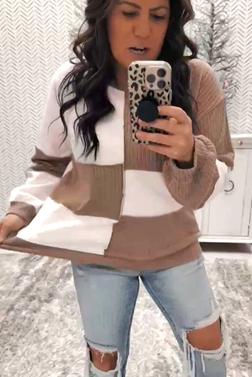 Colorblock Checkered Raw Seamed Ribbed Round Neck Top